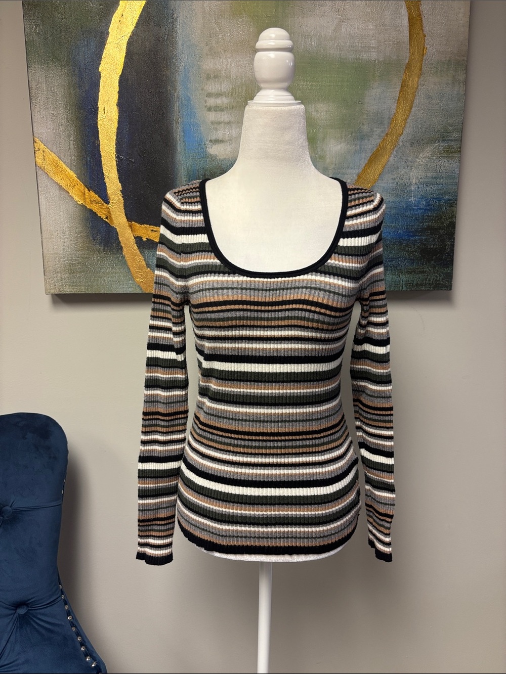 Banana Republic Striped Scoop Neck Ribbed Top - Black, White, Brown, Tan